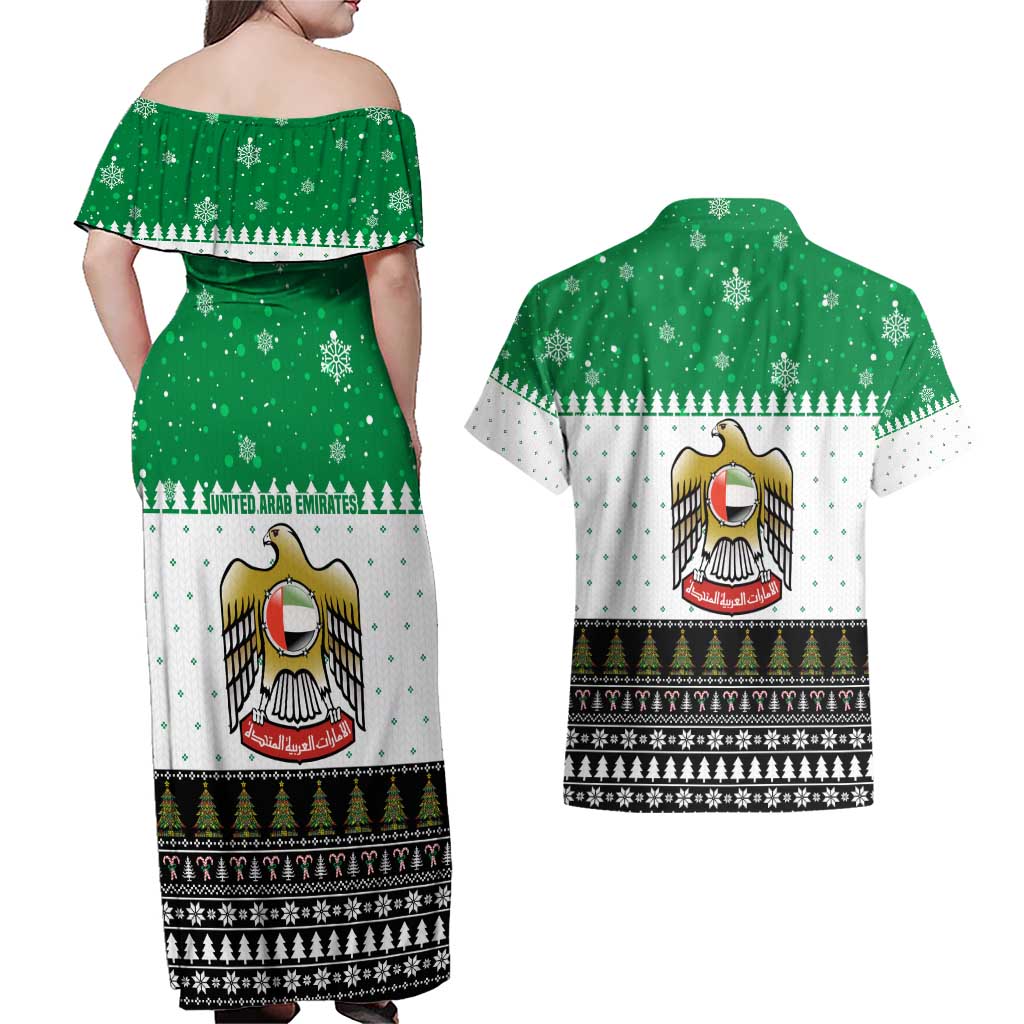 United Arab Emirates Christmas Couples Matching Off Shoulder Maxi Dress and Hawaiian Shirt with Falcon Tree Design Snowflake Pattern and National Emblem - Wonder Print Shop