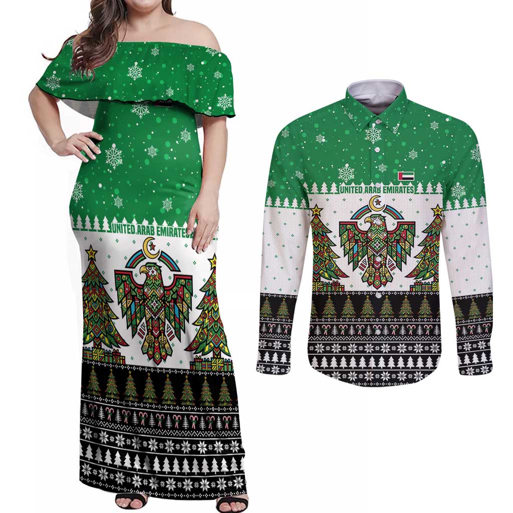 United Arab Emirates Christmas Couples Matching Off Shoulder Maxi Dress and Long Sleeve Button Shirt with Falcon Tree Design Snowflake Pattern and National Emblem - Wonder Print Shop