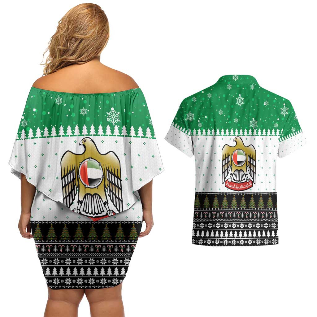 United Arab Emirates Christmas Couples Matching Off Shoulder Short Dress and Hawaiian Shirt with Falcon Tree Design Snowflake Pattern and National Emblem - Wonder Print Shop