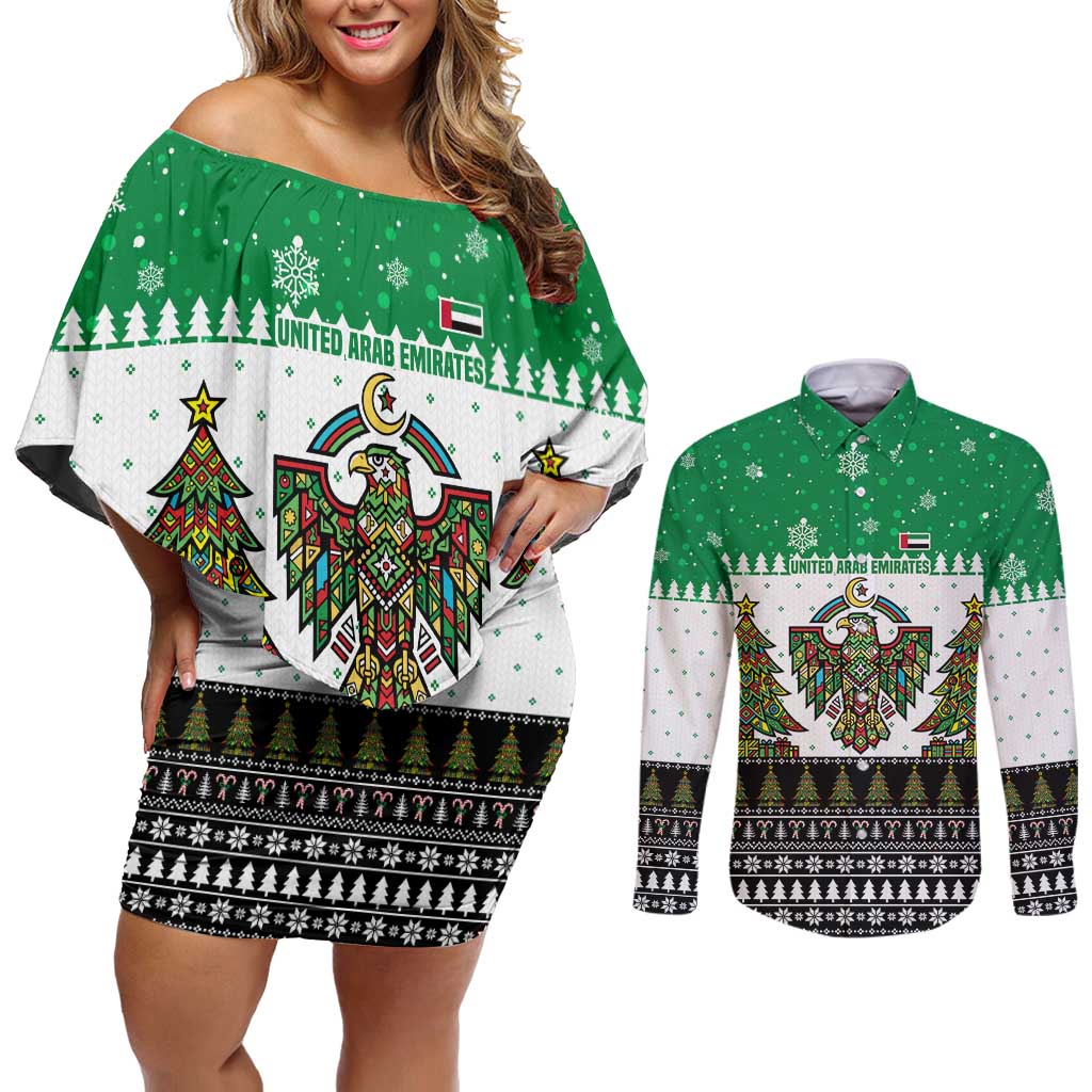United Arab Emirates Christmas Couples Matching Off Shoulder Short Dress and Long Sleeve Button Shirt with Falcon Tree Design Snowflake Pattern and National Emblem - Wonder Print Shop