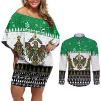 United Arab Emirates Christmas Couples Matching Off Shoulder Short Dress and Long Sleeve Button Shirt with Falcon Tree Design Snowflake Pattern and National Emblem - Wonder Print Shop