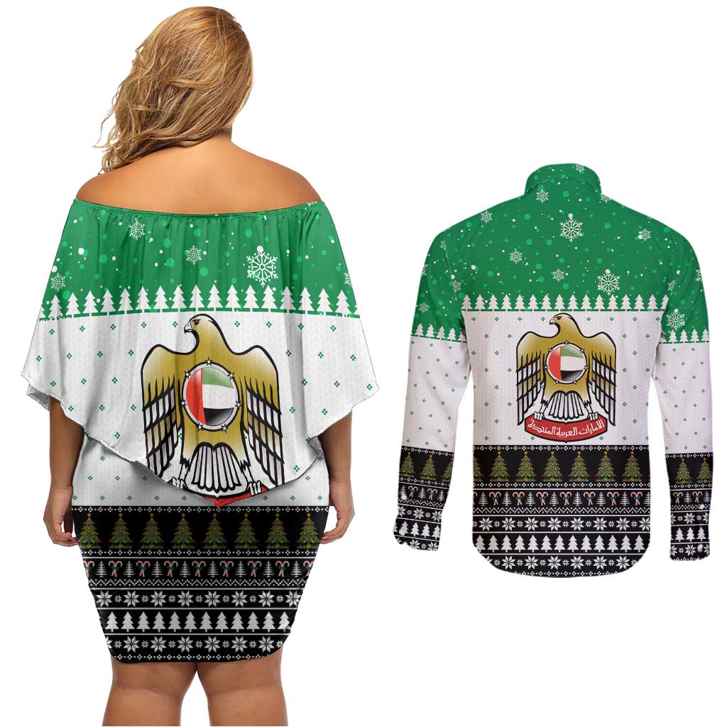 United Arab Emirates Christmas Couples Matching Off Shoulder Short Dress and Long Sleeve Button Shirt with Falcon Tree Design Snowflake Pattern and National Emblem - Wonder Print Shop