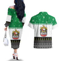 United Arab Emirates Christmas Couples Matching Off The Shoulder Long Sleeve Dress and Hawaiian Shirt with Falcon Tree Design Snowflake Pattern and National Emblem - Wonder Print Shop