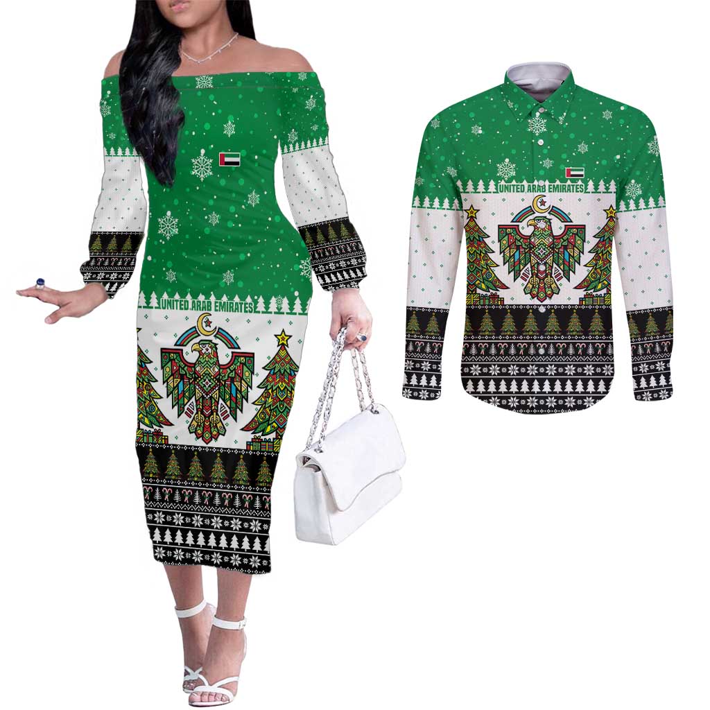 United Arab Emirates Christmas Couples Matching Off The Shoulder Long Sleeve Dress and Long Sleeve Button Shirt with Falcon Tree Design Snowflake Pattern and National Emblem - Wonder Print Shop