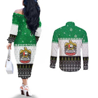 United Arab Emirates Christmas Couples Matching Off The Shoulder Long Sleeve Dress and Long Sleeve Button Shirt with Falcon Tree Design Snowflake Pattern and National Emblem - Wonder Print Shop