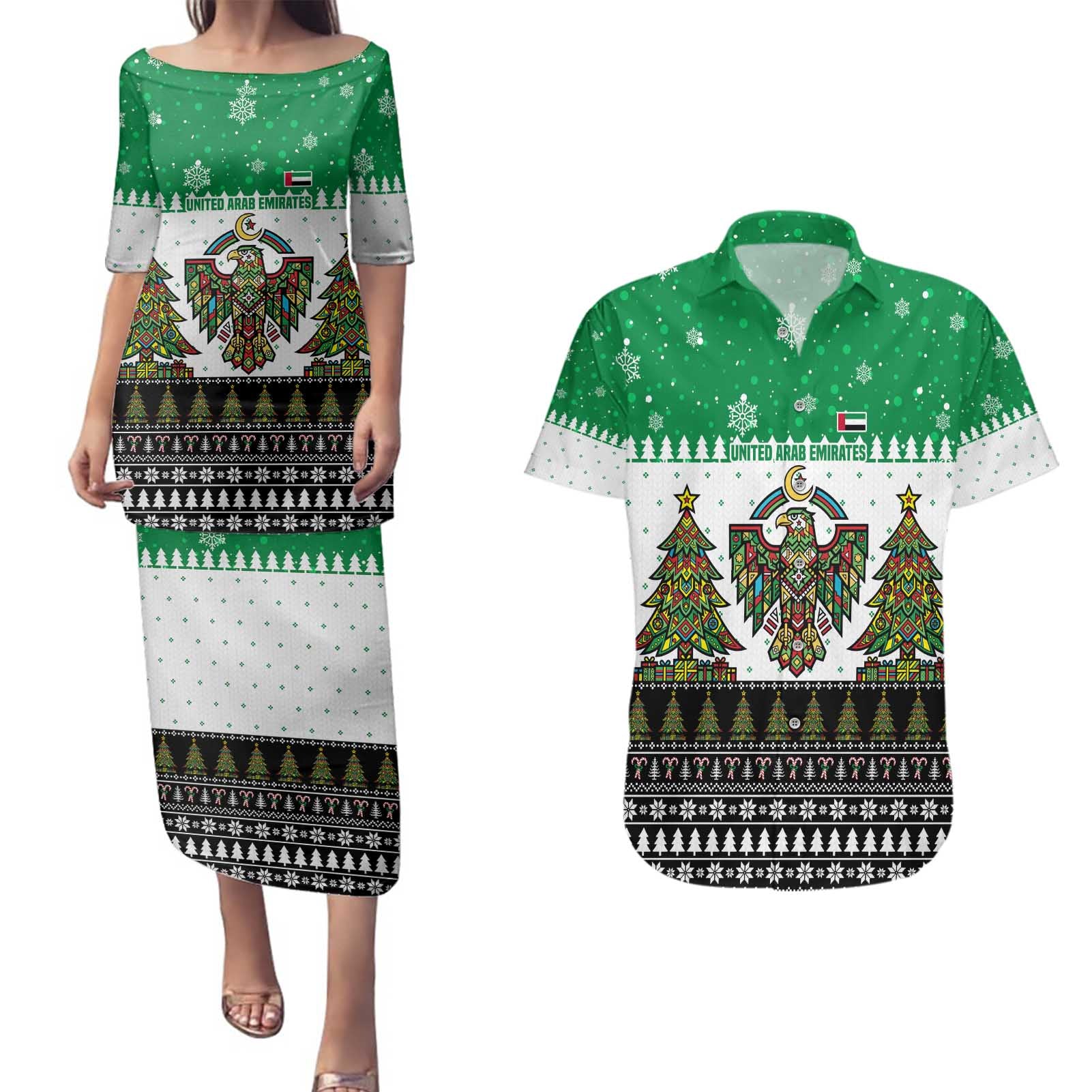 United Arab Emirates Christmas Couples Matching Puletasi and Hawaiian Shirt with Falcon Tree Design Snowflake Pattern and National Emblem - Wonder Print Shop
