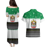 United Arab Emirates Christmas Couples Matching Puletasi and Hawaiian Shirt with Falcon Tree Design Snowflake Pattern and National Emblem - Wonder Print Shop