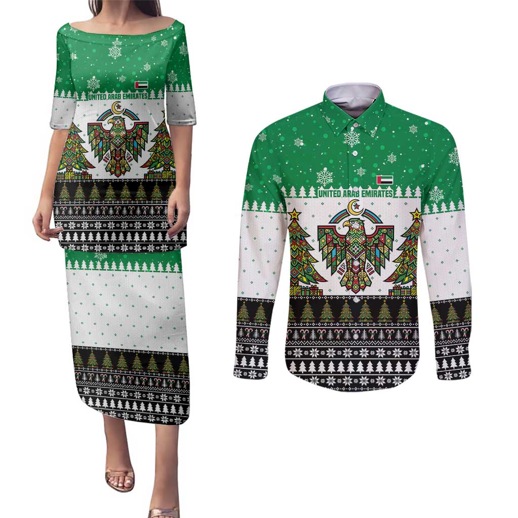 United Arab Emirates Christmas Couples Matching Puletasi and Long Sleeve Button Shirt with Falcon Tree Design Snowflake Pattern and National Emblem - Wonder Print Shop