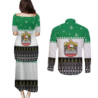 United Arab Emirates Christmas Couples Matching Puletasi and Long Sleeve Button Shirt with Falcon Tree Design Snowflake Pattern and National Emblem - Wonder Print Shop