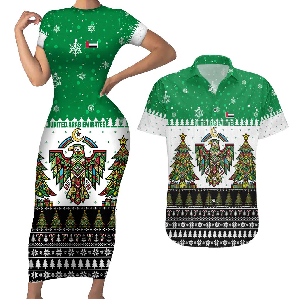 United Arab Emirates Christmas Couples Matching Short Sleeve Bodycon Dress and Hawaiian Shirt with Falcon Tree Design Snowflake Pattern and National Emblem - Wonder Print Shop