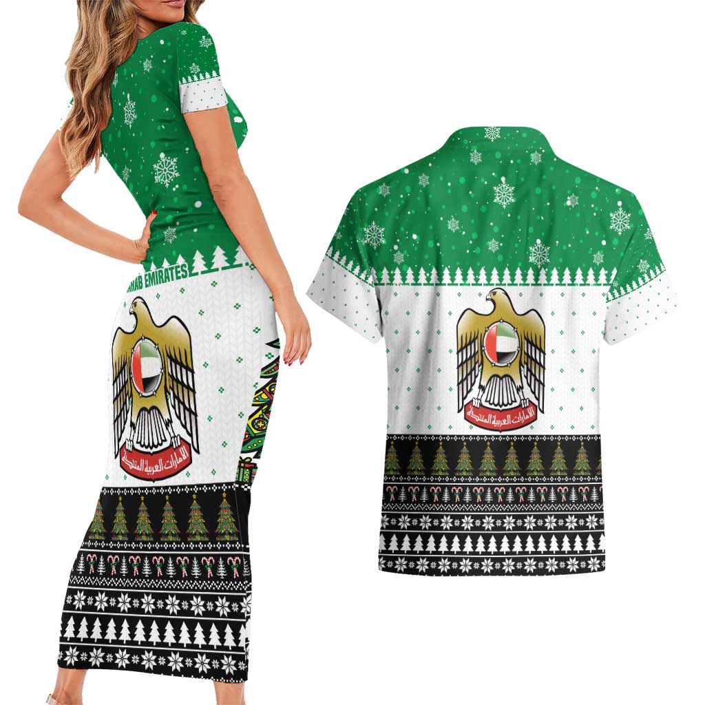 United Arab Emirates Christmas Couples Matching Short Sleeve Bodycon Dress and Hawaiian Shirt with Falcon Tree Design Snowflake Pattern and National Emblem - Wonder Print Shop