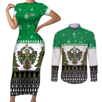 United Arab Emirates Christmas Couples Matching Short Sleeve Bodycon Dress and Long Sleeve Button Shirt with Falcon Tree Design Snowflake Pattern and National Emblem - Wonder Print Shop