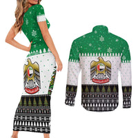 United Arab Emirates Christmas Couples Matching Short Sleeve Bodycon Dress and Long Sleeve Button Shirt with Falcon Tree Design Snowflake Pattern and National Emblem - Wonder Print Shop