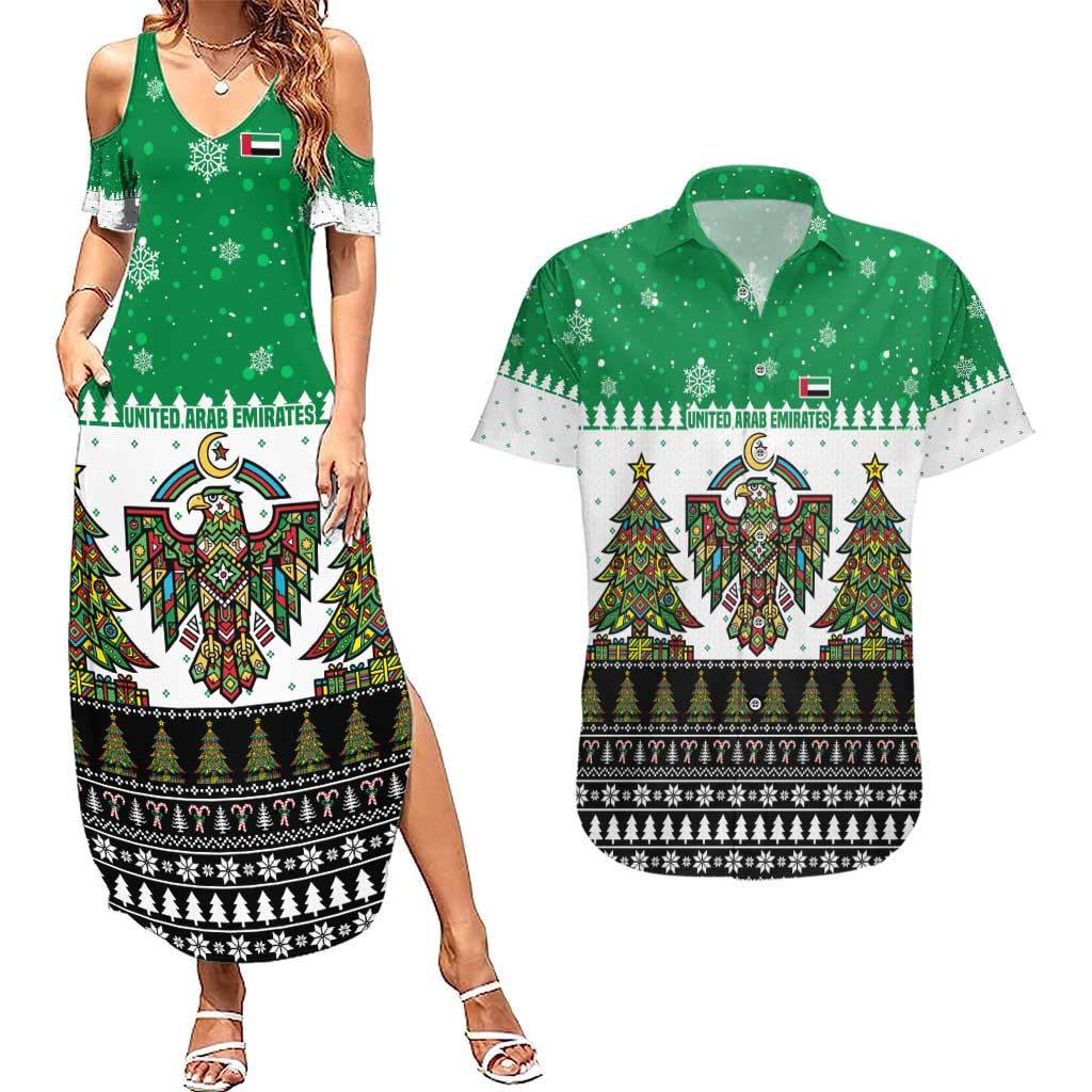 United Arab Emirates Christmas Couples Matching Summer Maxi Dress and Hawaiian Shirt with Falcon Tree Design Snowflake Pattern and National Emblem - Wonder Print Shop