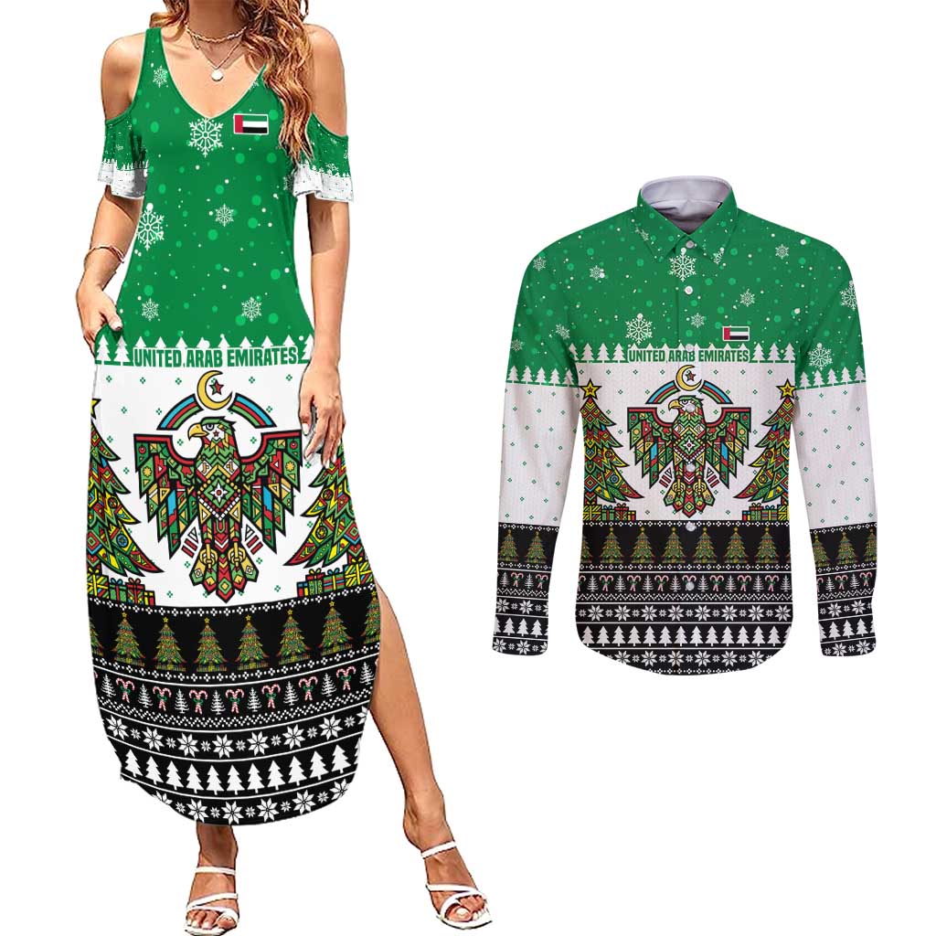 United Arab Emirates Christmas Couples Matching Summer Maxi Dress and Long Sleeve Button Shirt with Falcon Tree Design Snowflake Pattern and National Emblem - Wonder Print Shop