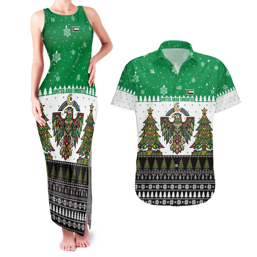 United Arab Emirates Christmas Couples Matching Tank Maxi Dress and Hawaiian Shirt with Falcon Tree Design Snowflake Pattern and National Emblem - Wonder Print Shop