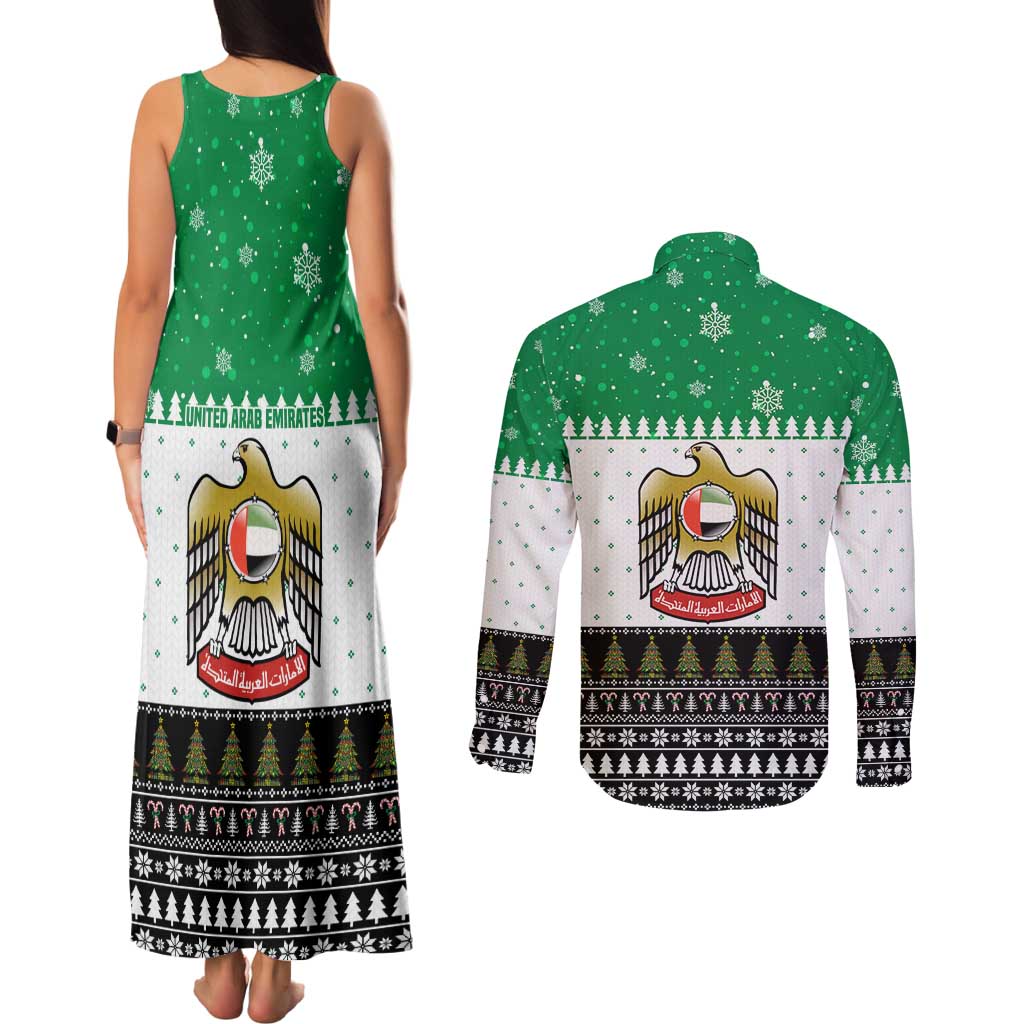 United Arab Emirates Christmas Couples Matching Tank Maxi Dress and Long Sleeve Button Shirt with Falcon Tree Design Snowflake Pattern and National Emblem - Wonder Print Shop