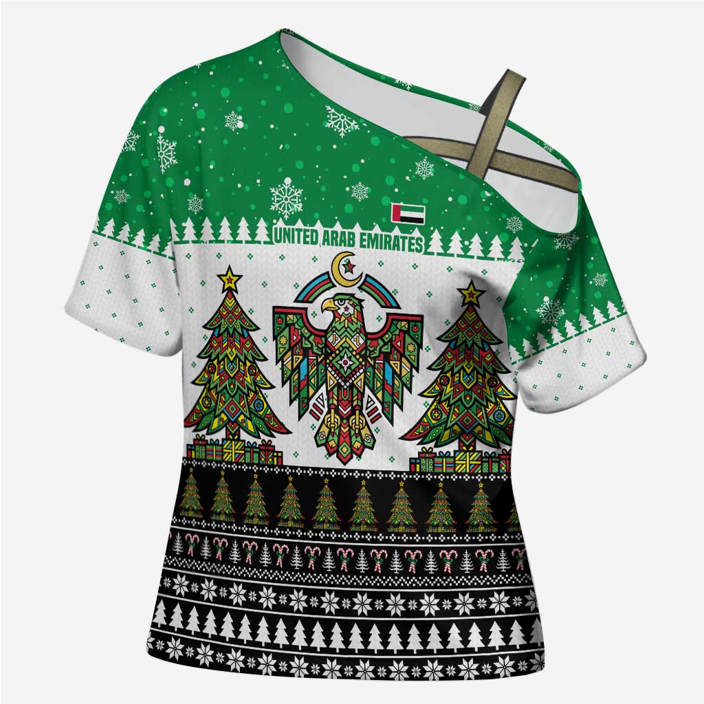 United Arab Emirates Christmas Cross Shoulder Shirt with Falcon Tree Design Snowflake Pattern and National Emblem - Wonder Print Shop