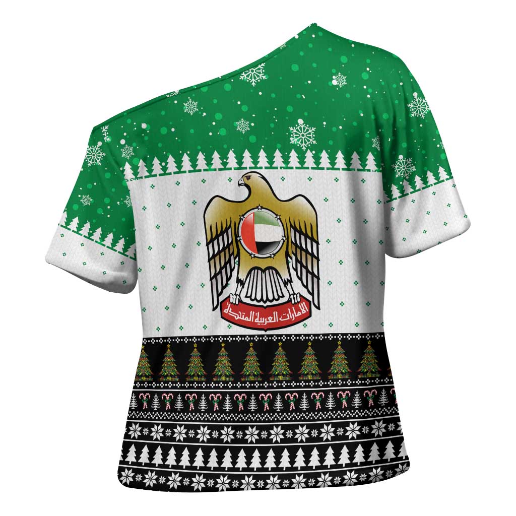 United Arab Emirates Christmas Cross Shoulder Shirt with Falcon Tree Design Snowflake Pattern and National Emblem - Wonder Print Shop