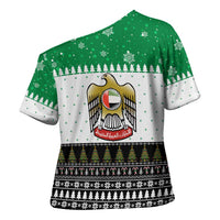 United Arab Emirates Christmas Cross Shoulder Shirt with Falcon Tree Design Snowflake Pattern and National Emblem - Wonder Print Shop