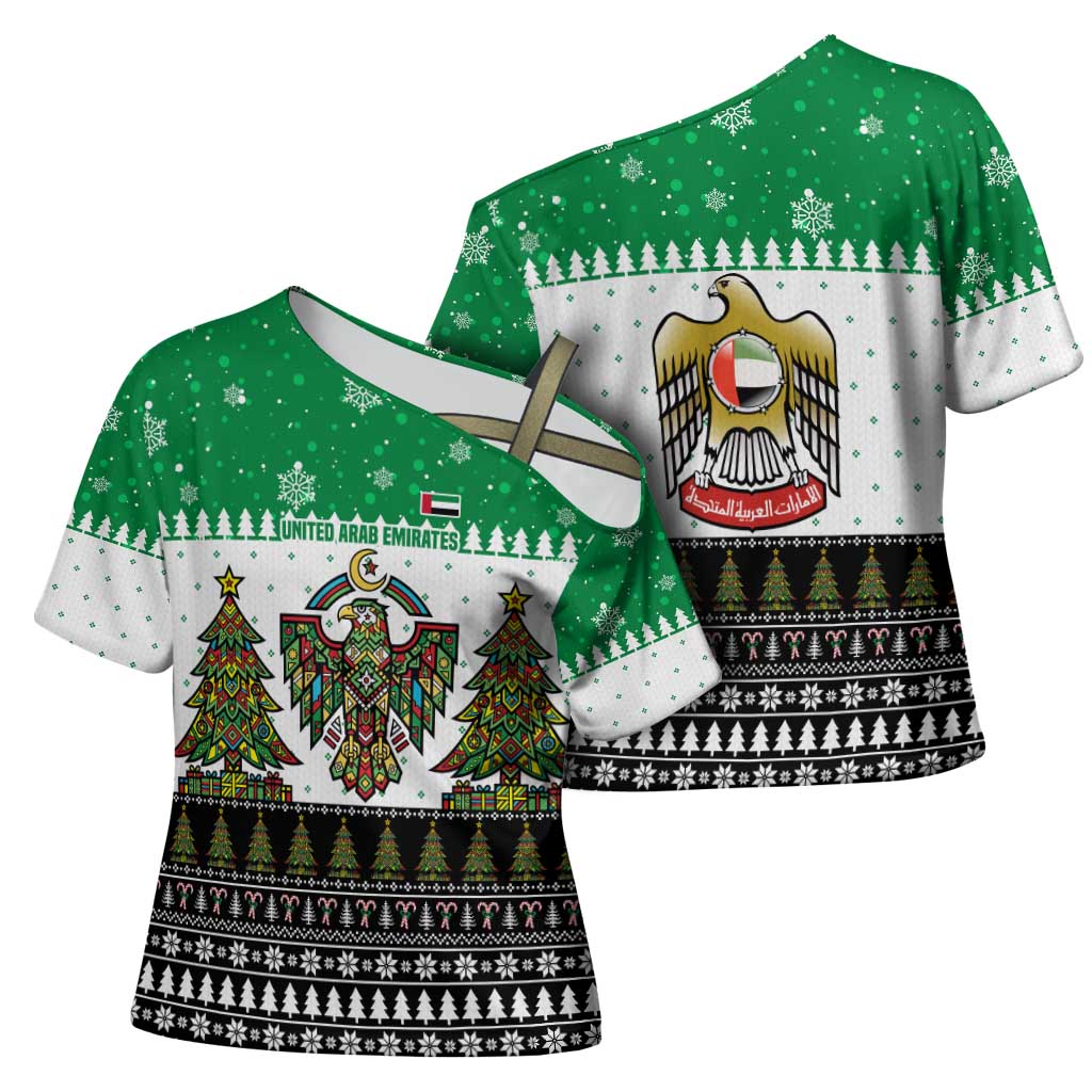 United Arab Emirates Christmas Cross Shoulder Shirt with Falcon Tree Design Snowflake Pattern and National Emblem - Wonder Print Shop