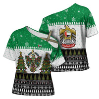United Arab Emirates Christmas Cross Shoulder Shirt with Falcon Tree Design Snowflake Pattern and National Emblem - Wonder Print Shop