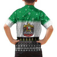 United Arab Emirates Christmas Family Matching Long Sleeve Bodycon Dress and Hawaiian Shirt with Falcon Tree Design Snowflake Pattern and National Emblem - Wonder Print Shop