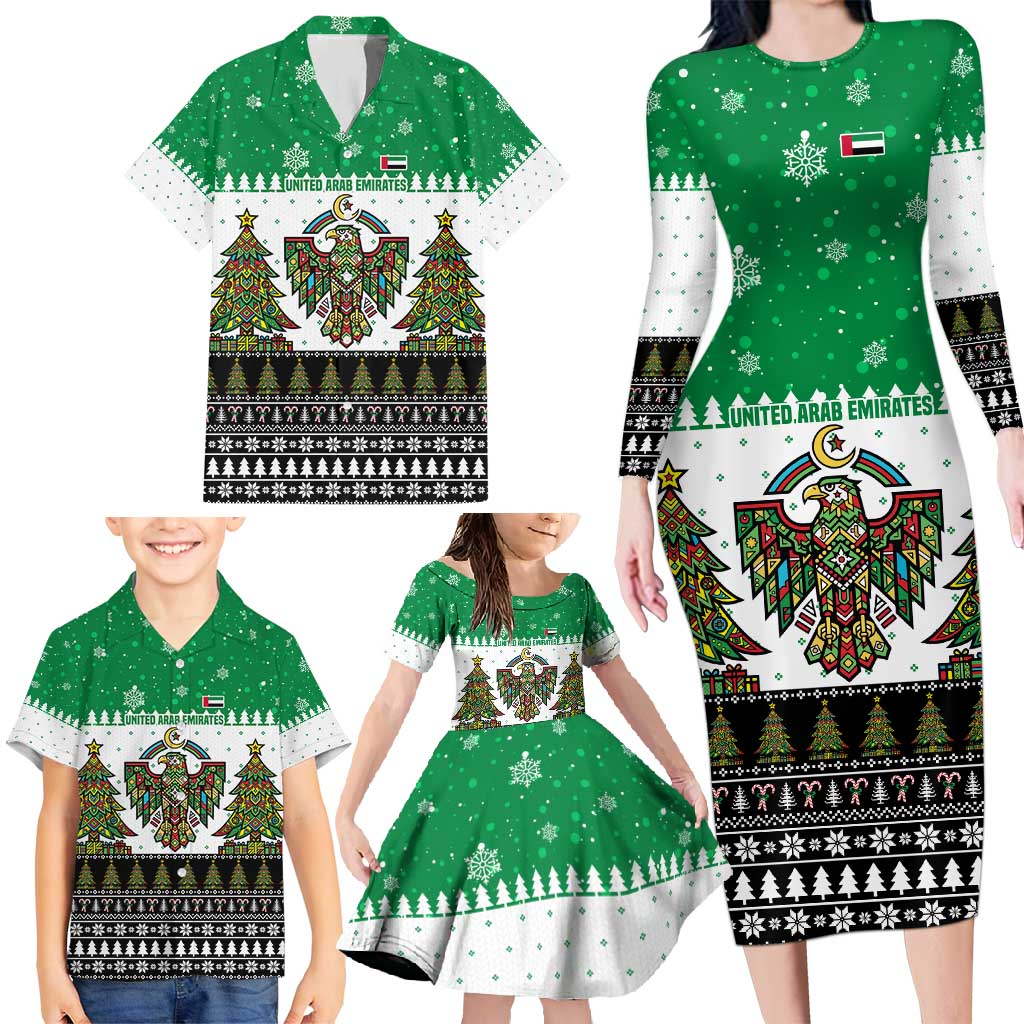 United Arab Emirates Christmas Family Matching Long Sleeve Bodycon Dress and Hawaiian Shirt with Falcon Tree Design Snowflake Pattern and National Emblem - Wonder Print Shop