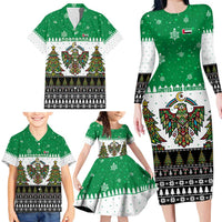 United Arab Emirates Christmas Family Matching Long Sleeve Bodycon Dress and Hawaiian Shirt with Falcon Tree Design Snowflake Pattern and National Emblem - Wonder Print Shop