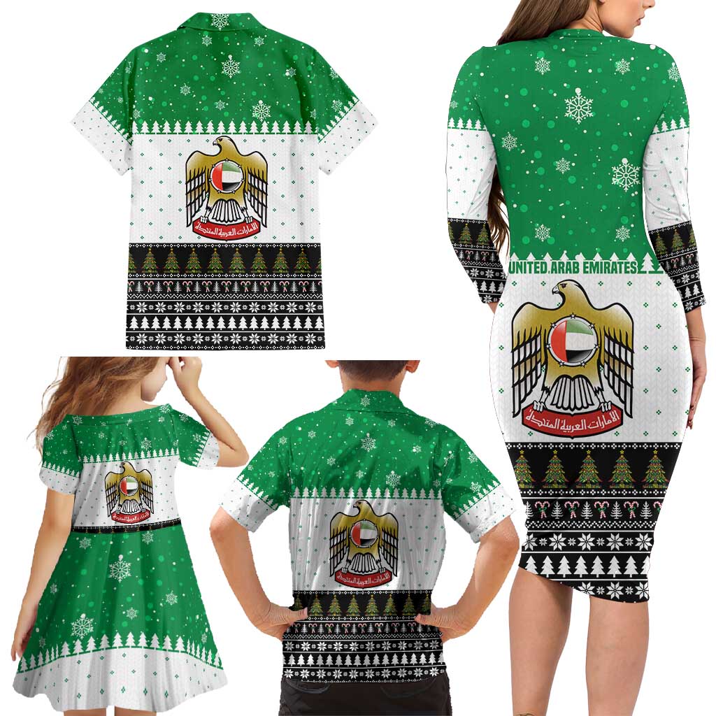 United Arab Emirates Christmas Family Matching Long Sleeve Bodycon Dress and Hawaiian Shirt with Falcon Tree Design Snowflake Pattern and National Emblem - Wonder Print Shop