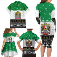 United Arab Emirates Christmas Family Matching Long Sleeve Bodycon Dress and Hawaiian Shirt with Falcon Tree Design Snowflake Pattern and National Emblem - Wonder Print Shop