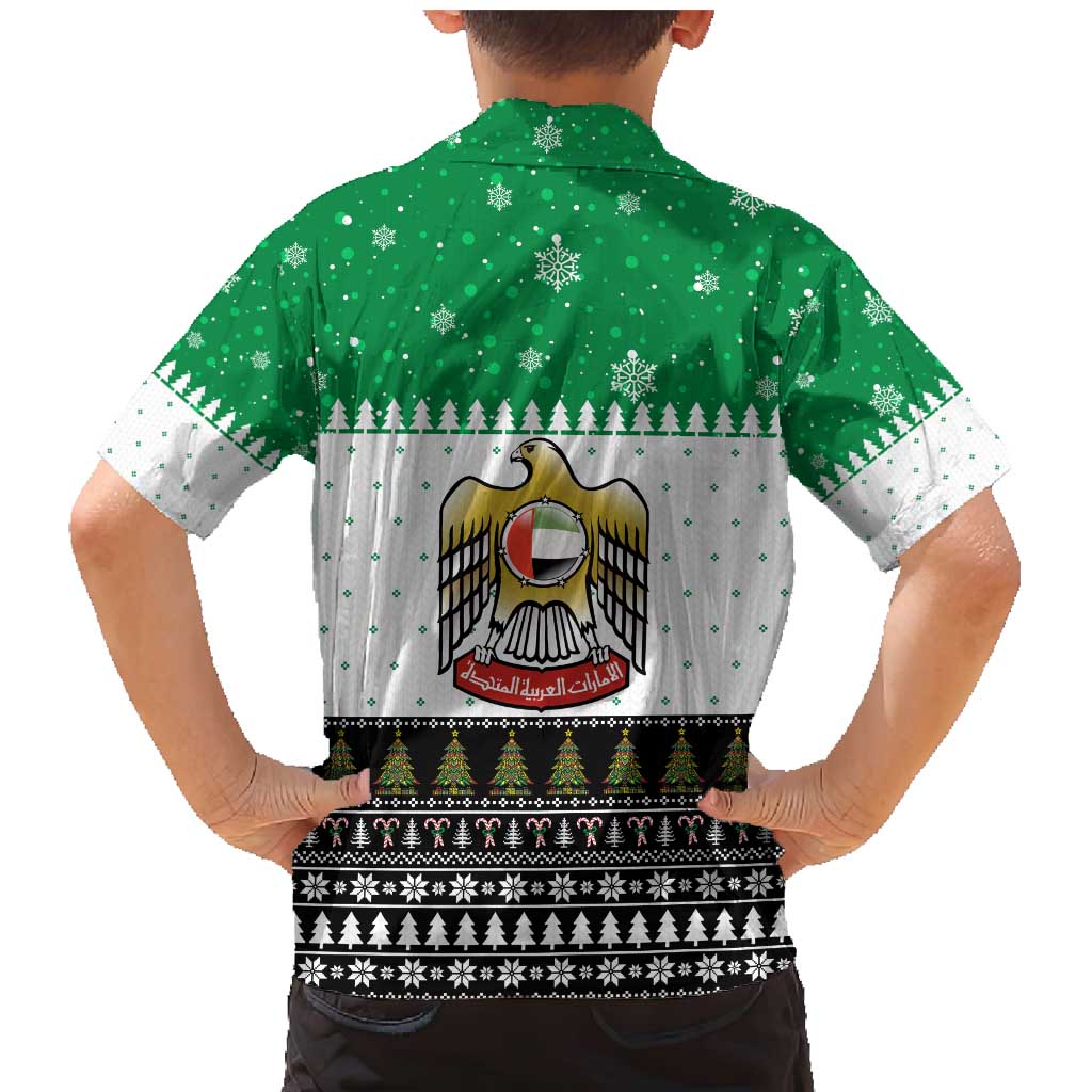United Arab Emirates Christmas Family Matching Mermaid Dress and Hawaiian Shirt with Falcon Tree Design Snowflake Pattern and National Emblem - Wonder Print Shop