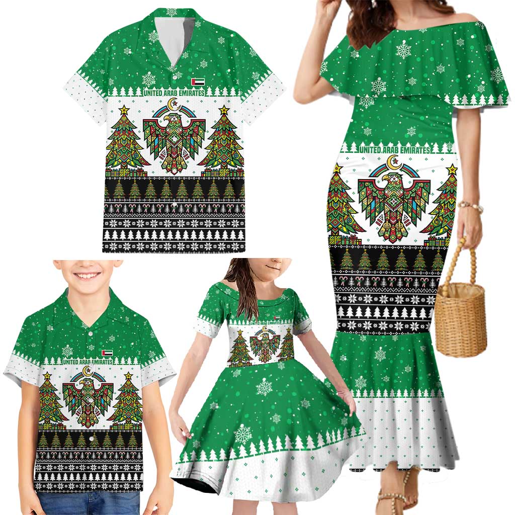 United Arab Emirates Christmas Family Matching Mermaid Dress and Hawaiian Shirt with Falcon Tree Design Snowflake Pattern and National Emblem - Wonder Print Shop