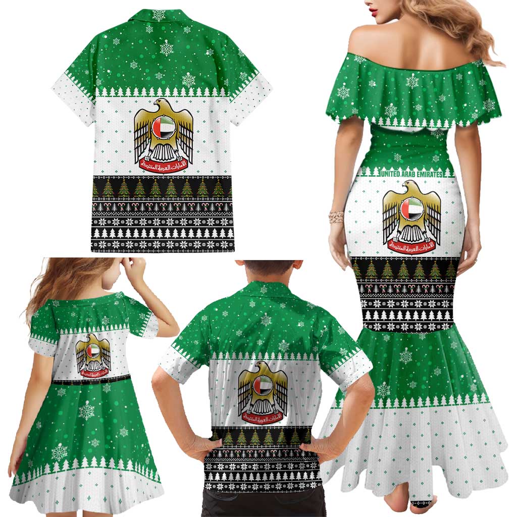 United Arab Emirates Christmas Family Matching Mermaid Dress and Hawaiian Shirt with Falcon Tree Design Snowflake Pattern and National Emblem - Wonder Print Shop