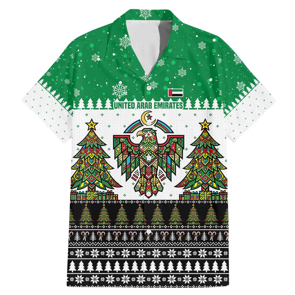 United Arab Emirates Christmas Family Matching Mermaid Dress and Hawaiian Shirt with Falcon Tree Design Snowflake Pattern and National Emblem - Wonder Print Shop