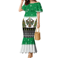 United Arab Emirates Christmas Family Matching Mermaid Dress and Hawaiian Shirt with Falcon Tree Design Snowflake Pattern and National Emblem - Wonder Print Shop