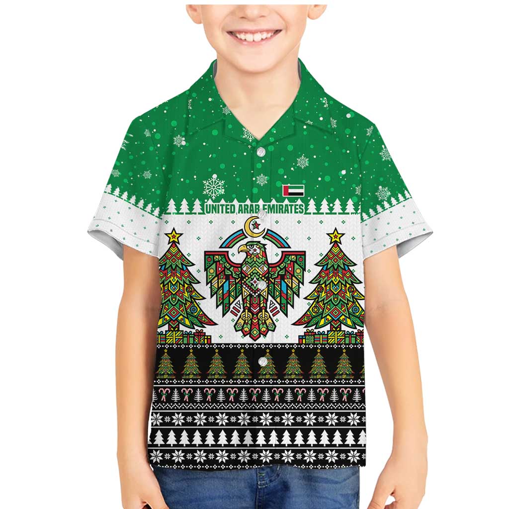 United Arab Emirates Christmas Family Matching Mermaid Dress and Hawaiian Shirt with Falcon Tree Design Snowflake Pattern and National Emblem - Wonder Print Shop