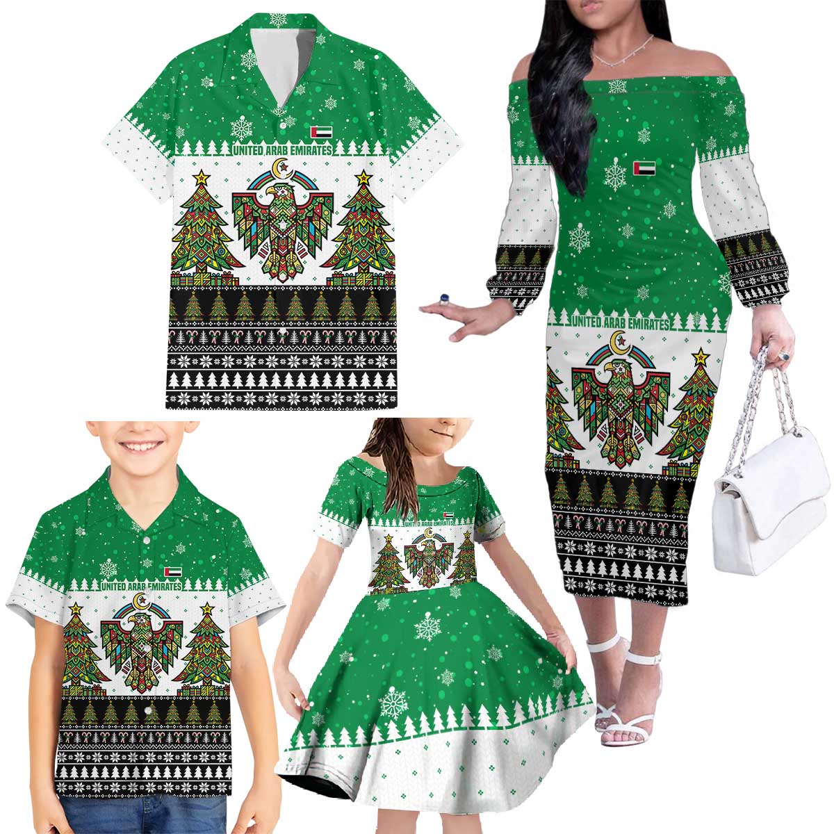 United Arab Emirates Christmas Family Matching Off The Shoulder Long Sleeve Dress and Hawaiian Shirt with Falcon Tree Design Snowflake Pattern and National Emblem - Wonder Print Shop