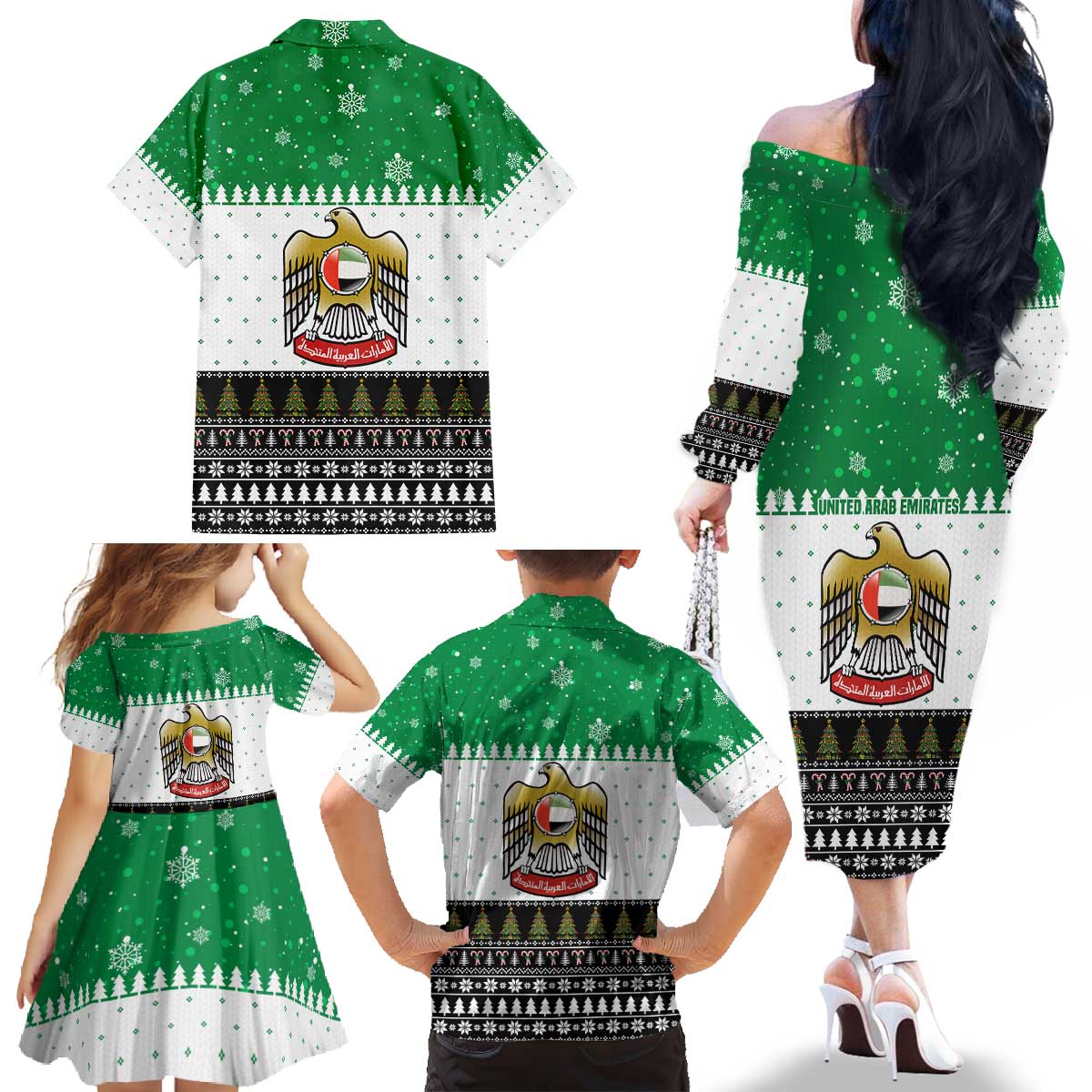 United Arab Emirates Christmas Family Matching Off The Shoulder Long Sleeve Dress and Hawaiian Shirt with Falcon Tree Design Snowflake Pattern and National Emblem - Wonder Print Shop