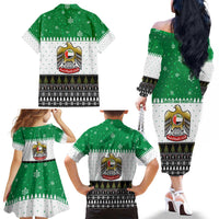 United Arab Emirates Christmas Family Matching Off The Shoulder Long Sleeve Dress and Hawaiian Shirt with Falcon Tree Design Snowflake Pattern and National Emblem - Wonder Print Shop