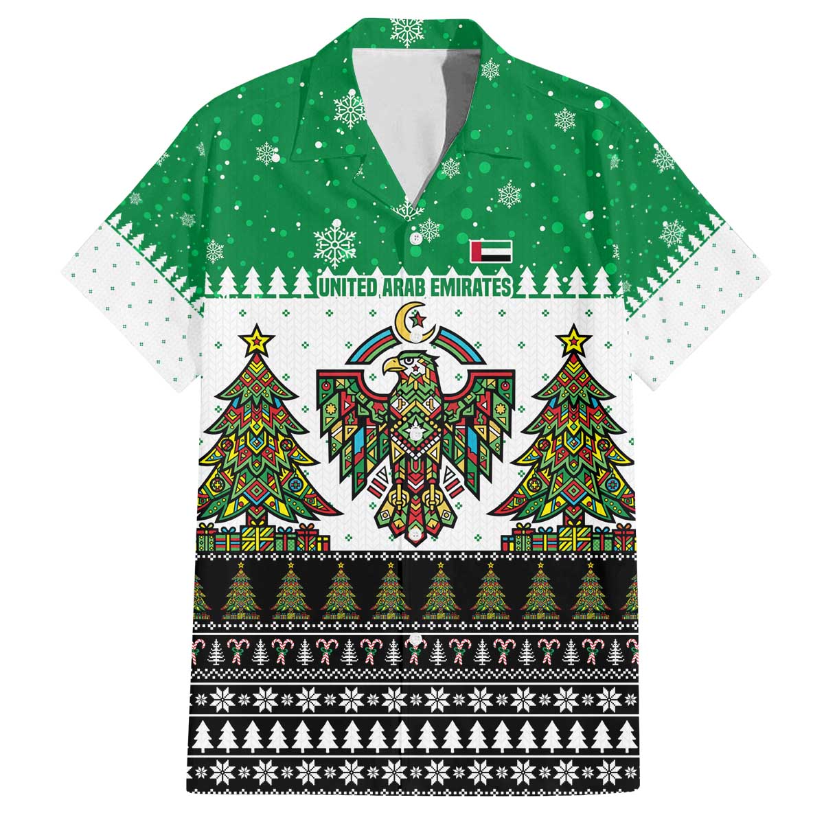 United Arab Emirates Christmas Family Matching Off The Shoulder Long Sleeve Dress and Hawaiian Shirt with Falcon Tree Design Snowflake Pattern and National Emblem - Wonder Print Shop