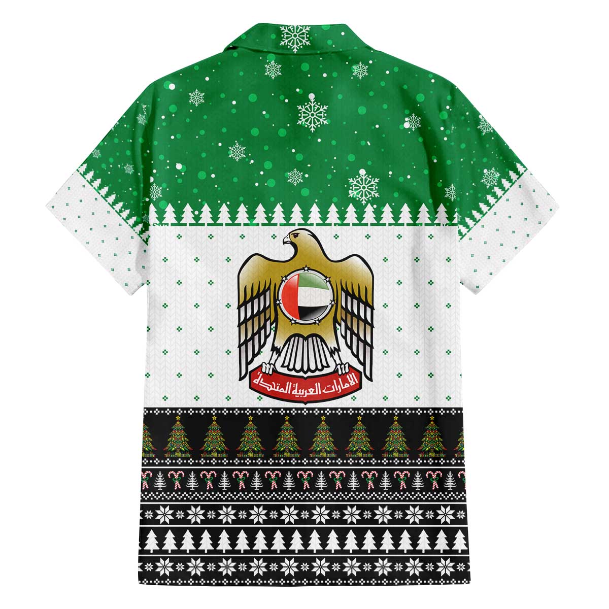 United Arab Emirates Christmas Family Matching Off The Shoulder Long Sleeve Dress and Hawaiian Shirt with Falcon Tree Design Snowflake Pattern and National Emblem - Wonder Print Shop