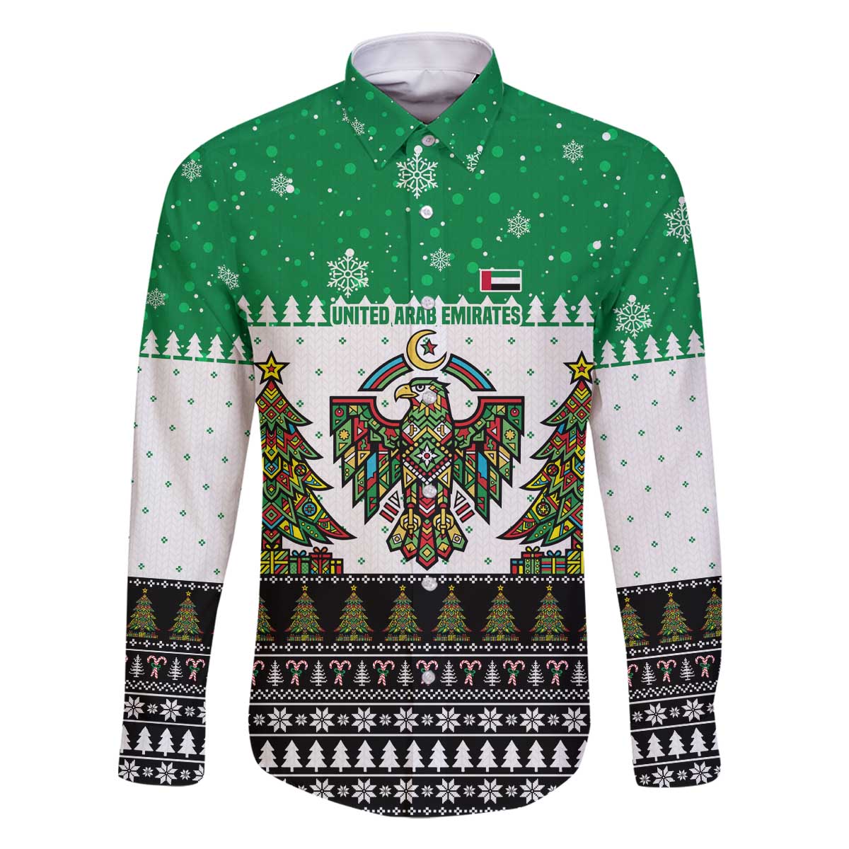 United Arab Emirates Christmas Family Matching Off The Shoulder Long Sleeve Dress and Hawaiian Shirt with Falcon Tree Design Snowflake Pattern and National Emblem - Wonder Print Shop