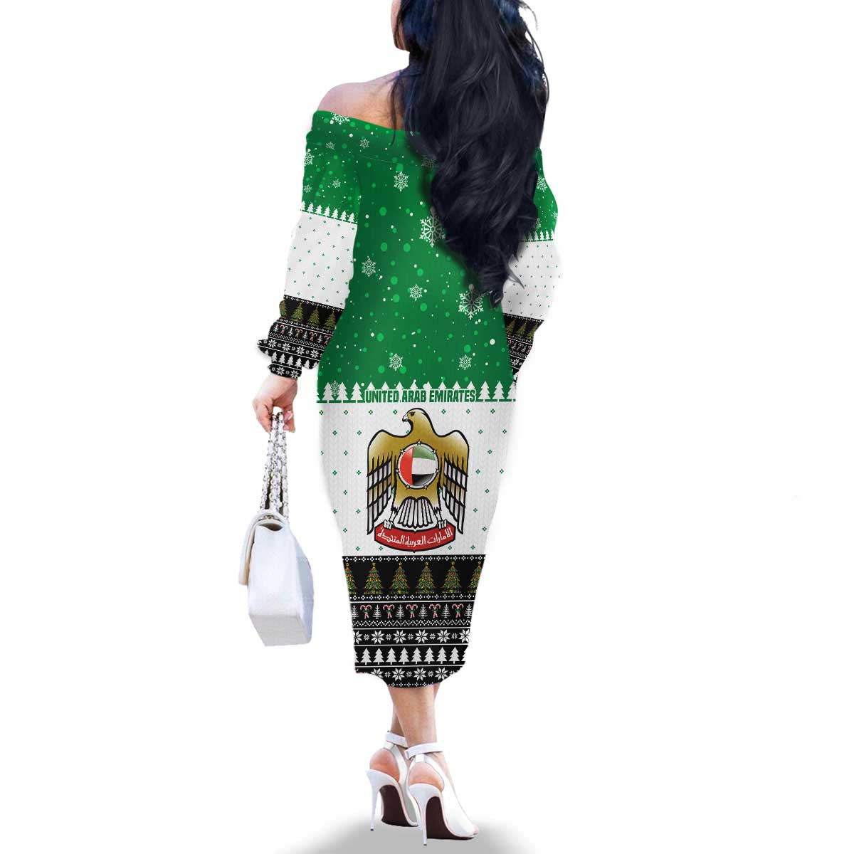 United Arab Emirates Christmas Family Matching Off The Shoulder Long Sleeve Dress and Hawaiian Shirt with Falcon Tree Design Snowflake Pattern and National Emblem - Wonder Print Shop