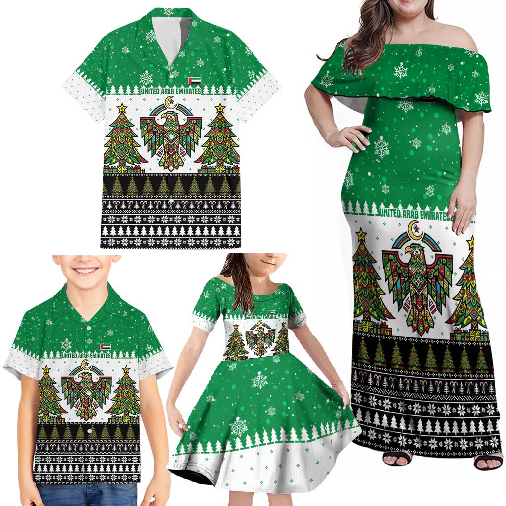 United Arab Emirates Christmas Family Matching Off Shoulder Maxi Dress and Hawaiian Shirt with Falcon Tree Design Snowflake Pattern and National Emblem - Wonder Print Shop