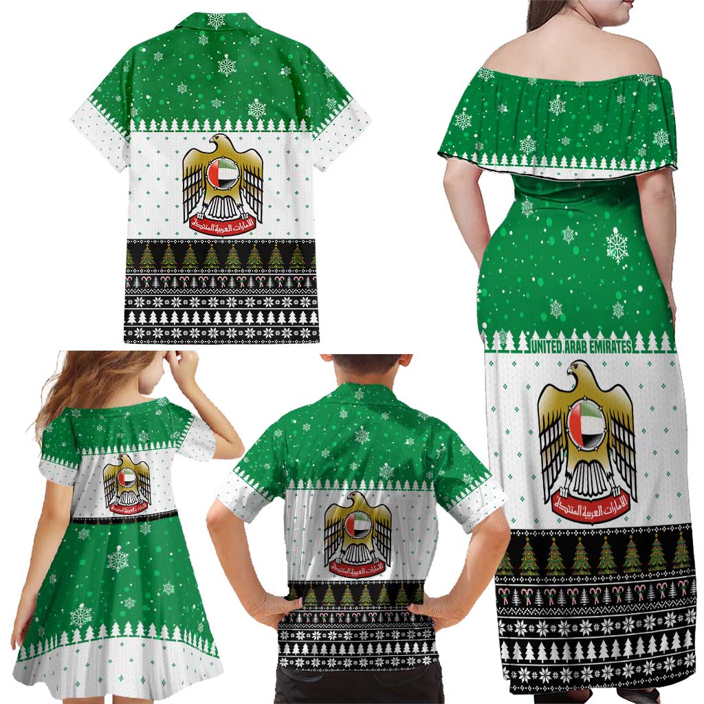 United Arab Emirates Christmas Family Matching Off Shoulder Maxi Dress and Hawaiian Shirt with Falcon Tree Design Snowflake Pattern and National Emblem - Wonder Print Shop