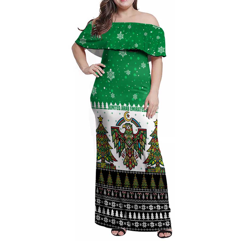 United Arab Emirates Christmas Family Matching Off Shoulder Maxi Dress and Hawaiian Shirt with Falcon Tree Design Snowflake Pattern and National Emblem - Wonder Print Shop