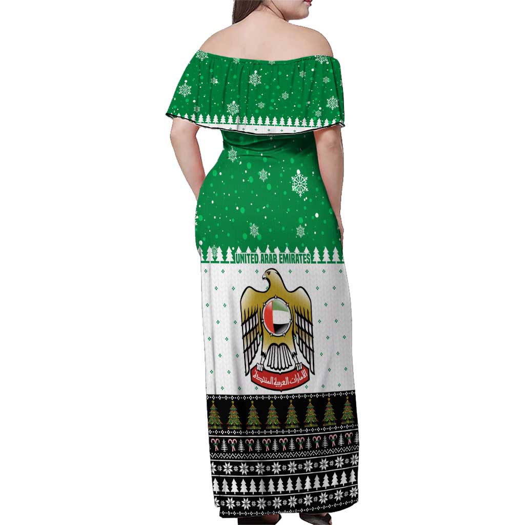 United Arab Emirates Christmas Family Matching Off Shoulder Maxi Dress and Hawaiian Shirt with Falcon Tree Design Snowflake Pattern and National Emblem - Wonder Print Shop