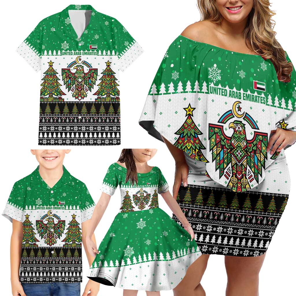 United Arab Emirates Christmas Family Matching Off Shoulder Short Dress and Hawaiian Shirt with Falcon Tree Design Snowflake Pattern and National Emblem - Wonder Print Shop
