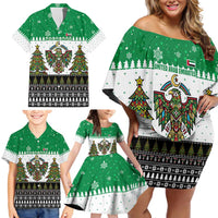 United Arab Emirates Christmas Family Matching Off Shoulder Short Dress and Hawaiian Shirt with Falcon Tree Design Snowflake Pattern and National Emblem - Wonder Print Shop